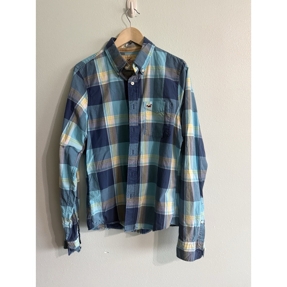 Hollister Shirt Men's Large Blue Madras Summer Plaid Long Sleeve Button Down